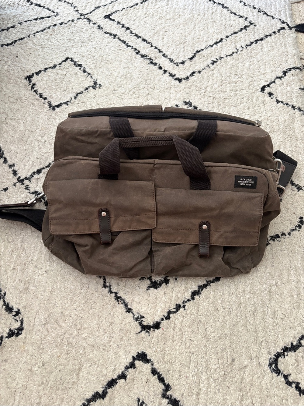 Jack Spade Brown Canvas Duffel Bag with Front Flap Pockets